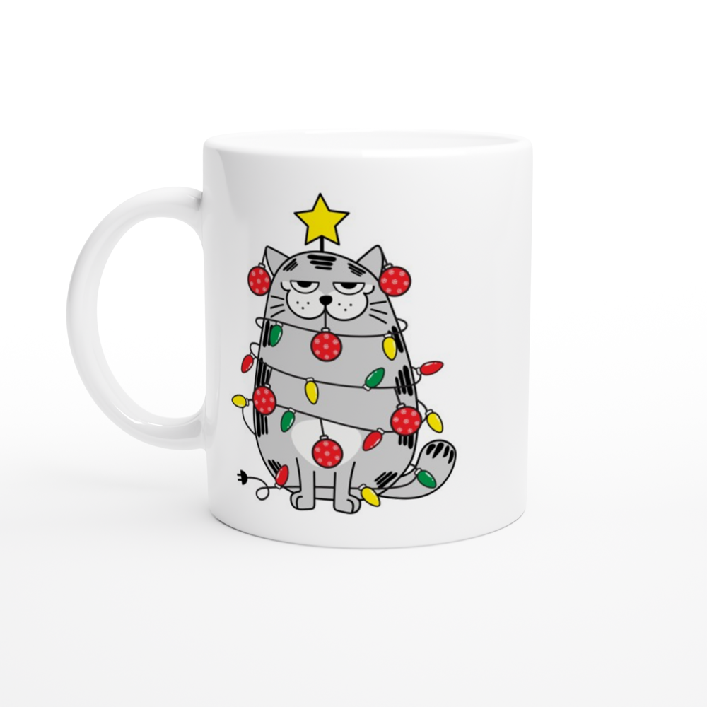 Christmas Cat - White 11oz Ceramic Mug White 11oz Ceramic Mug Christmas White Mug Globally Fulfilled