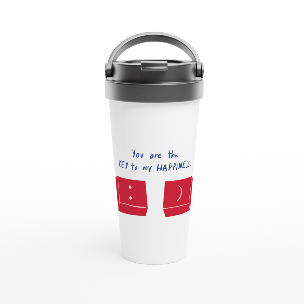 You Are The Key To My Happiness - White 15oz Stainless Steel Travel Mug White 15oz Stainless Steel Travel Mug Travel Mug Globally Fulfilled Tech