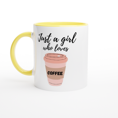 Just A Girl Who Loves Coffee - White 11oz Ceramic Mug with Colour Inside ceramic yellow Colour 11oz Mug Coffee