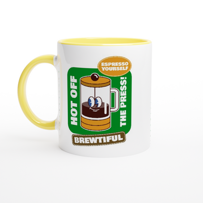 Brewtiful, Espresso Yourself - White 11oz Ceramic Mug with Colour Inside ceramic yellow Colour 11oz Mug Coffee