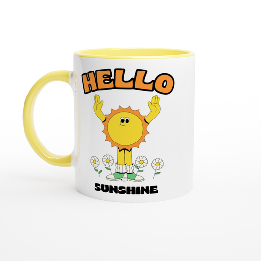 Hello Sunshine - White 11oz Ceramic Mug with Colour Inside Colour 11oz Mug Retro Summer