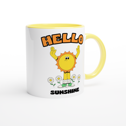 Hello Sunshine - White 11oz Ceramic Mug with Colour Inside Colour 11oz Mug Retro Summer