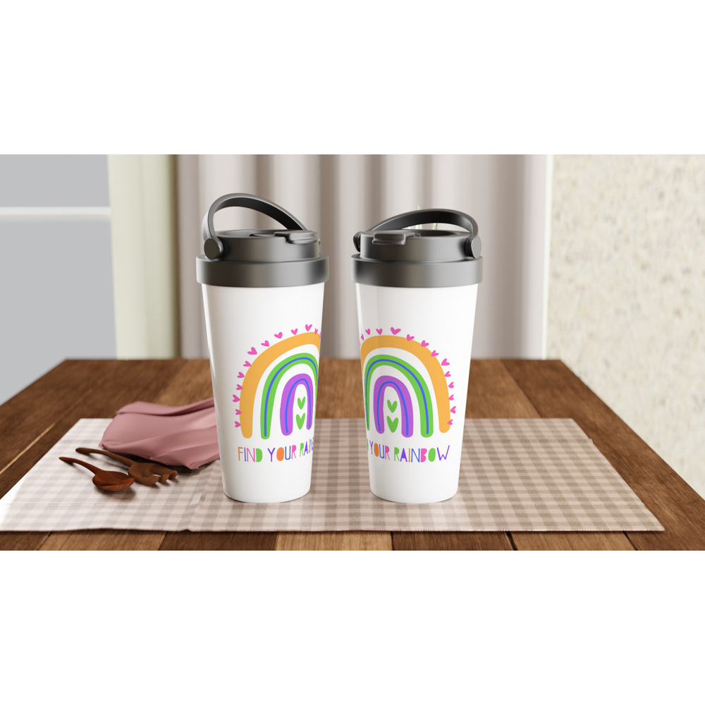 Find Your Rainbow - White 15oz Stainless Steel Travel Mug Travel Mug Globally Fulfilled Motivation