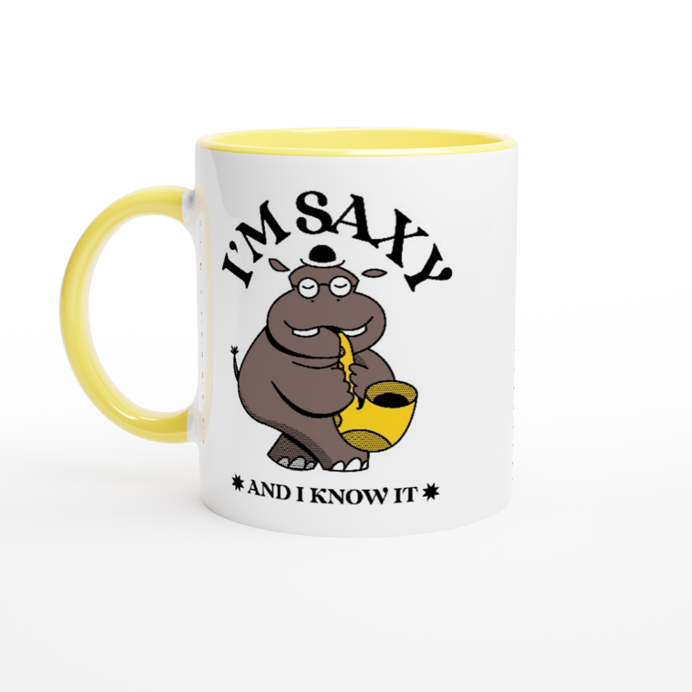 I'm Saxy And I Know It - White 11oz Ceramic Mug with Colour Inside ceramic yellow Colour 11oz Mug animal Music