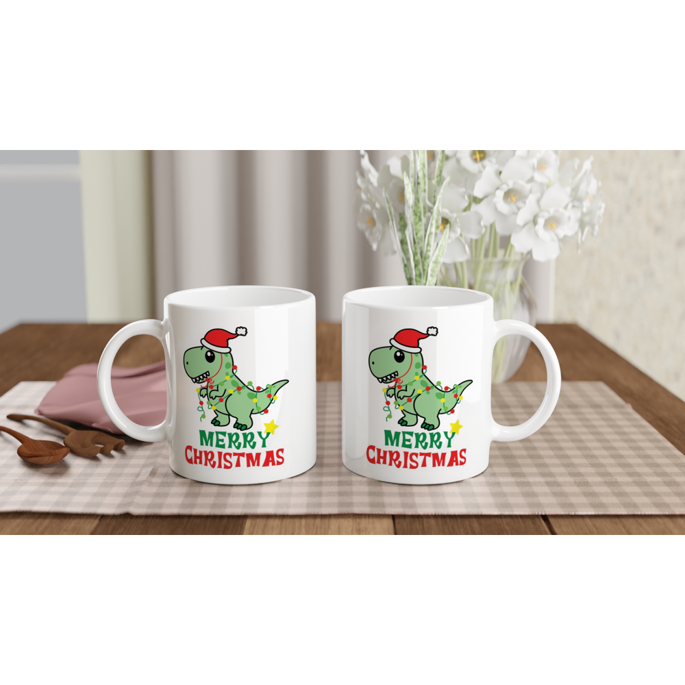 Dinosaur Christmas - White 11oz Ceramic Mug Christmas White Mug Globally Fulfilled