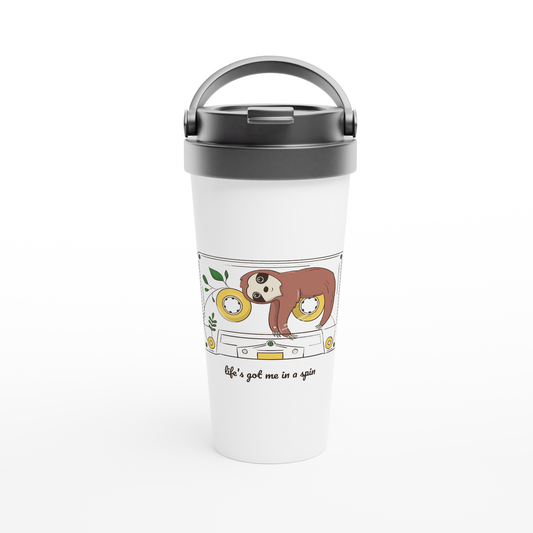 Cassette, Life's Got Me In A Spin - White 15oz Stainless Steel Travel Mug Travel Mug animal Globally Fulfilled Music Retro