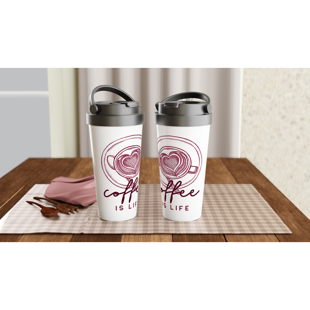 Coffee Is Life - White 15oz Stainless Steel Travel Mug Travel Mug Coffee Globally Fulfilled