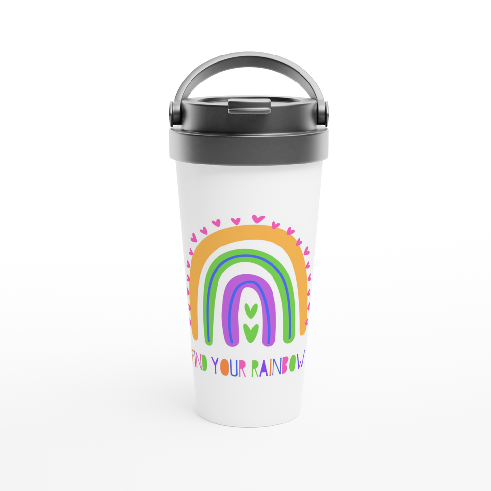 Find Your Rainbow - White 15oz Stainless Steel Travel Mug White 15oz Stainless Steel Travel Mug Travel Mug Motivation