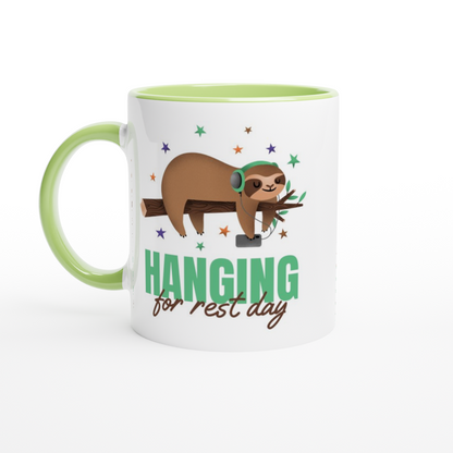 Hanging For Rest Day - White 11oz Ceramic Mug with Colour Inside ceramic green Colour 11oz Mug animal Fitness