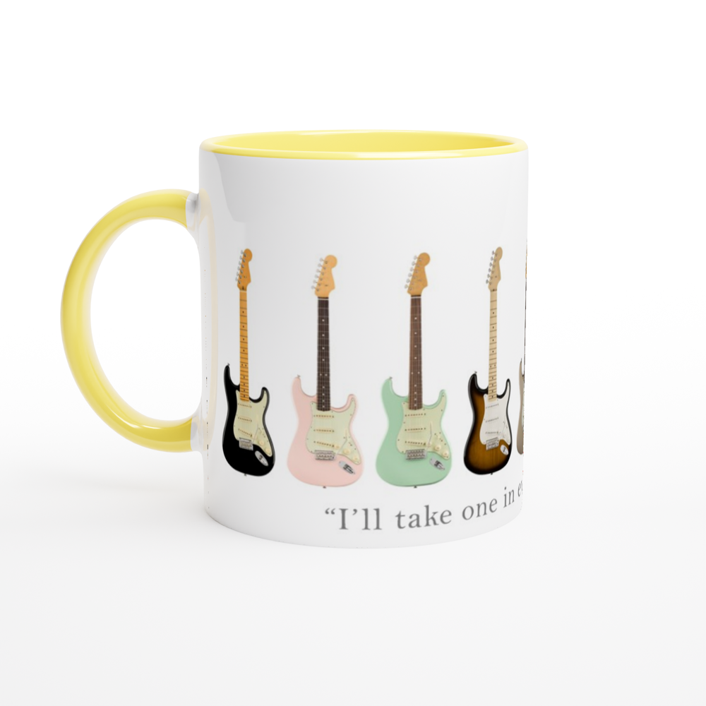 Guitars In Every Colour - White 11oz Ceramic Mug with Colour Inside ceramic yellow Colour 11oz Mug Music