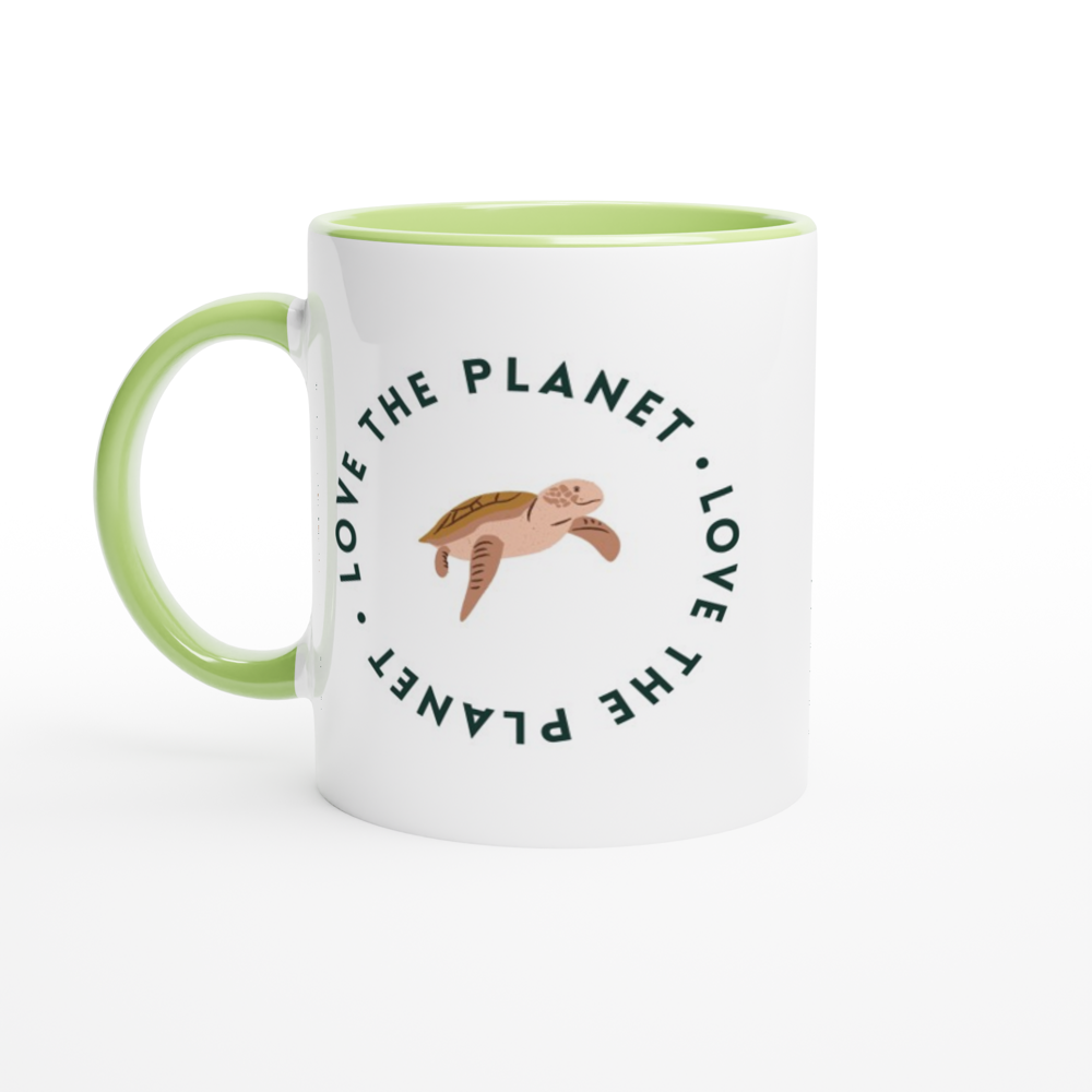 Love The Planet - White 11oz Ceramic Mug with Colour Inside Colour 11oz Mug Environment Globally Fulfilled