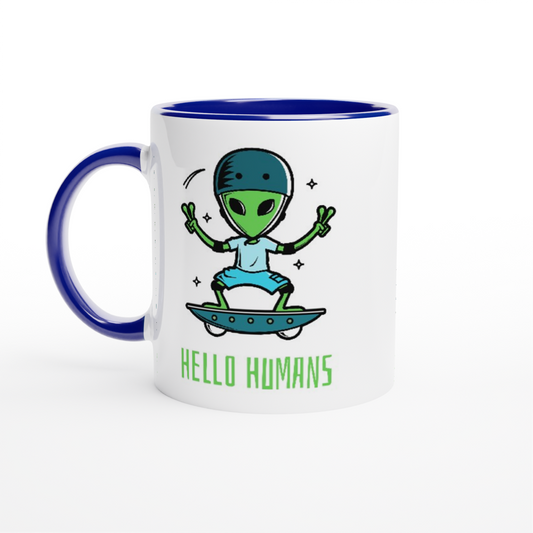 Hello Humans - White 11oz Ceramic Mug with Colour Inside Colour 11oz Mug Sci Fi