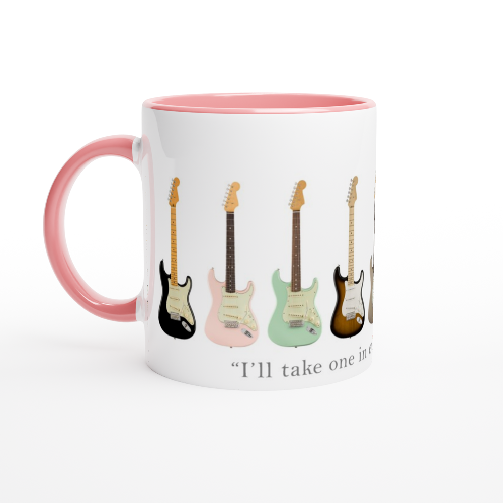 Guitars In Every Colour - White 11oz Ceramic Mug with Colour Inside ceramic pink Colour 11oz Mug Music