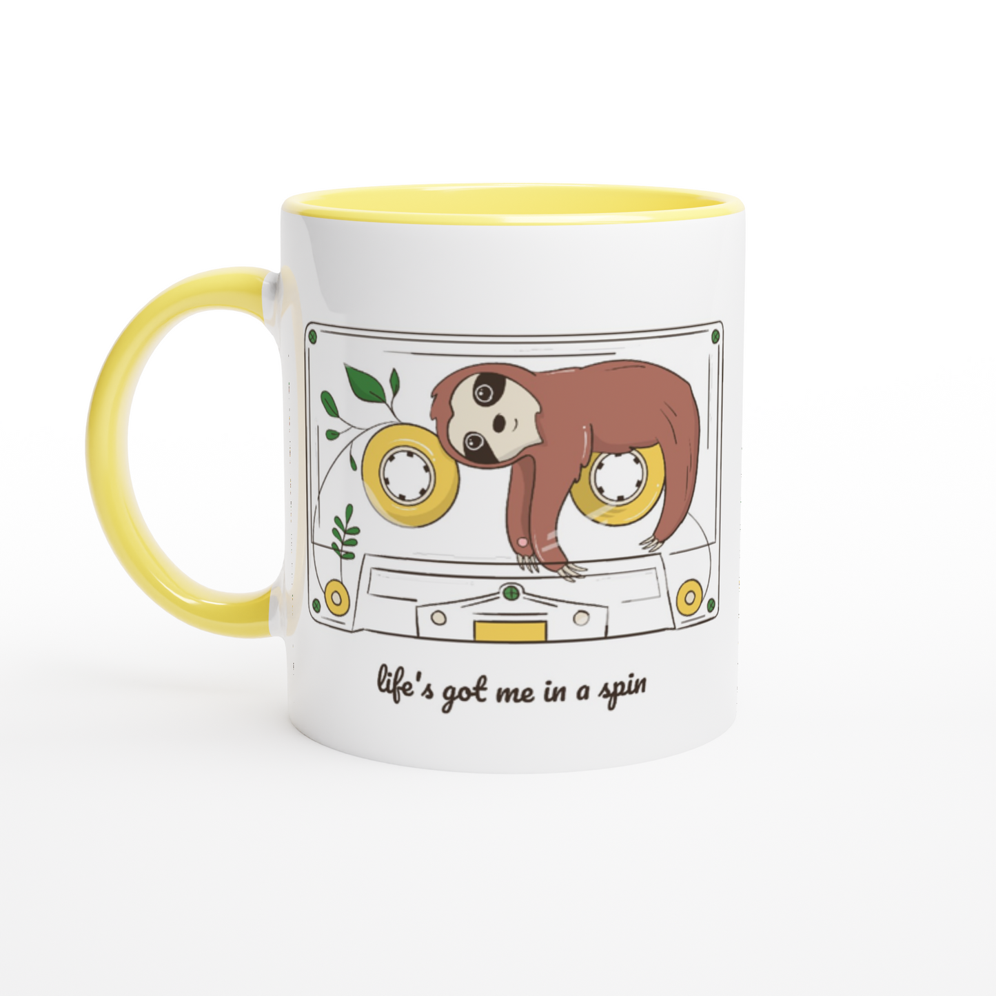 Cassette, Life's Got Me In A Spin - White 11oz Ceramic Mug with Colour Inside ceramic yellow Colour 11oz Mug animal Globally Fulfilled Music Retro