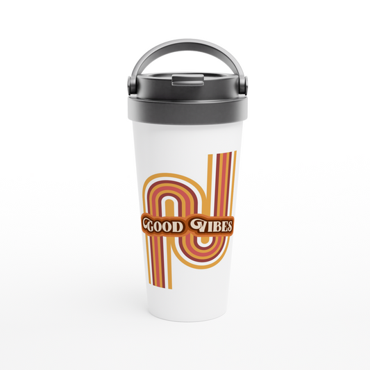 Good Vibes - White 15oz Stainless Steel Travel Mug Travel Mug Retro