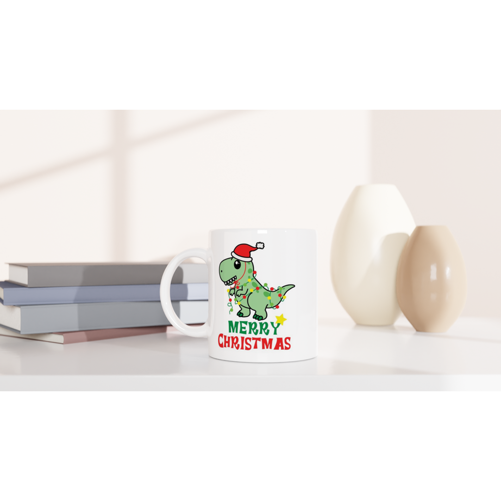 Dinosaur Christmas - White 11oz Ceramic Mug Christmas White Mug Globally Fulfilled