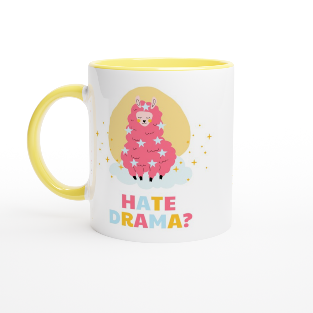 Hate Drama? No Probllama - White 11oz Ceramic Mug with Colour Inside ceramic yellow Colour 11oz Mug animal
