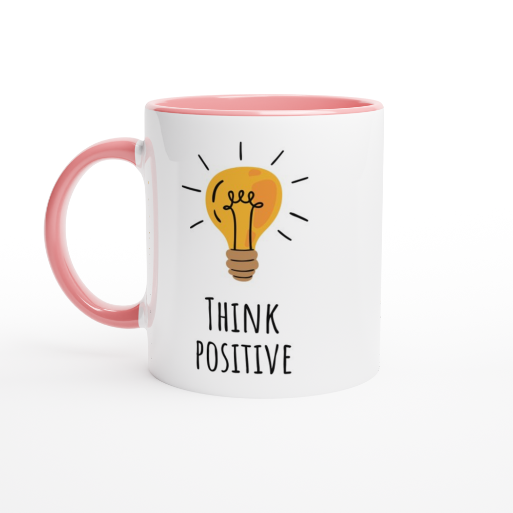 Think Positive - White 11oz Ceramic Mug with Colour Inside ceramic pink Colour 11oz Mug Globally Fulfilled Motivation