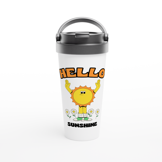 Hello Sunshine - White 15oz Stainless Steel Travel Mug Travel Mug Globally Fulfilled Retro Summer