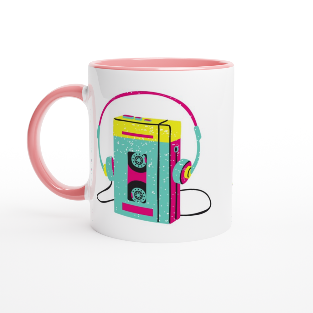 Wired For Sound, Music Player - White 11oz Ceramic Mug with Colour Inside ceramic pink Colour 11oz Mug Music Retro