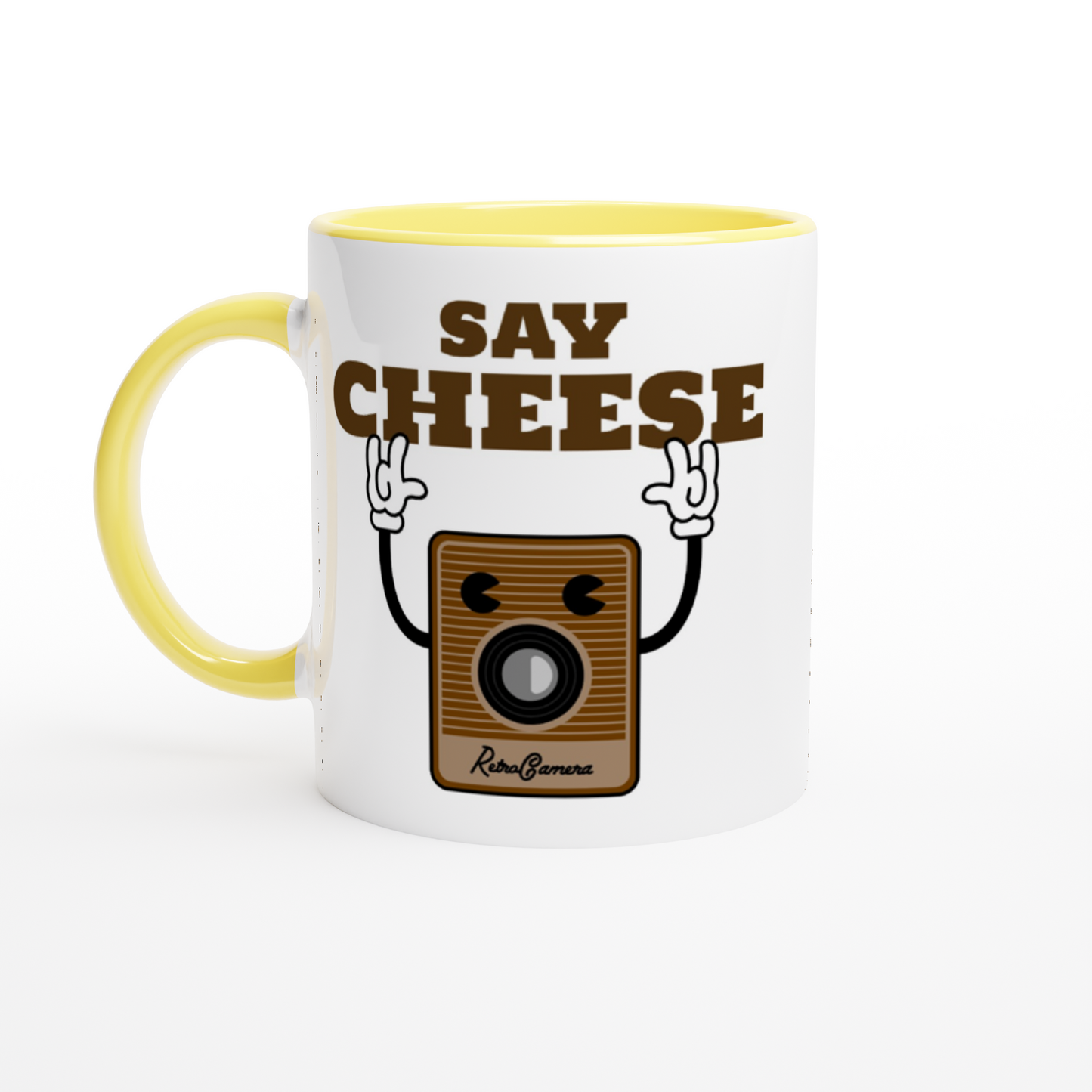 Say Cheese, Retro Camera - White 11oz Ceramic Mug with Colour Inside ceramic yellow Colour 11oz Mug Retro Tech