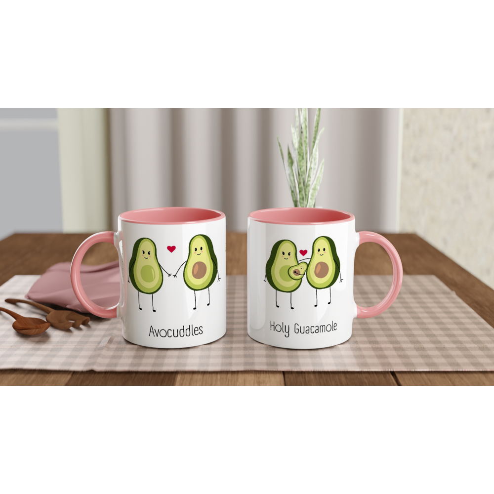Avocuddles, Holy Guacamole - White 11oz Ceramic Mug with Colour Inside ceramic pink Colour 11oz Mug Love