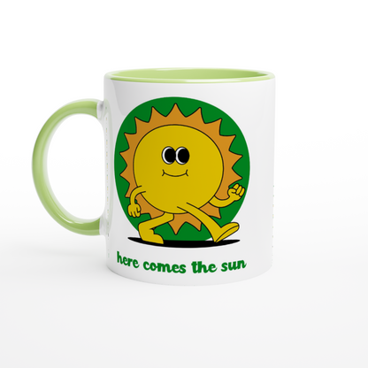 Here Comes The Sun - White 11oz Ceramic Mug with Colour Inside ceramic green Colour 11oz Mug Retro Summer