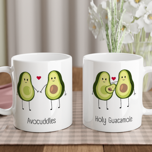 Avocuddles, Holy Guacamole - White 11oz Ceramic Mug White 11oz Mug Globally Fulfilled Outside Australia