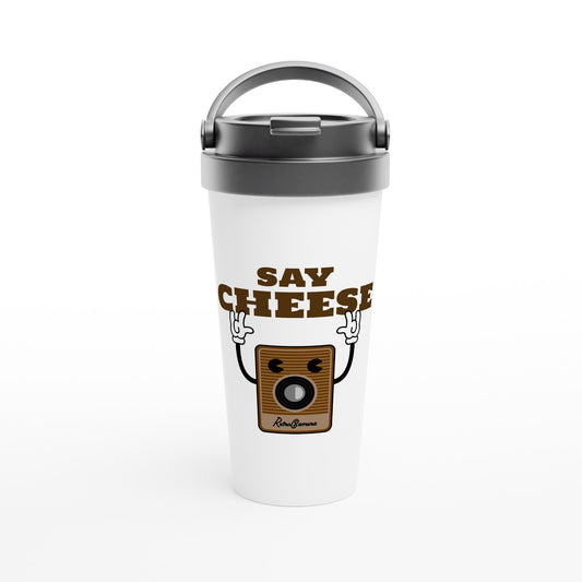 Say Cheese, Retro Camera - White 15oz Stainless Steel Travel Mug Travel Mug Retro Tech