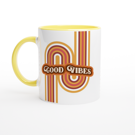 Good Vibes - White 11oz Ceramic Mug with Colour Inside ceramic yellow Colour 11oz Mug Retro