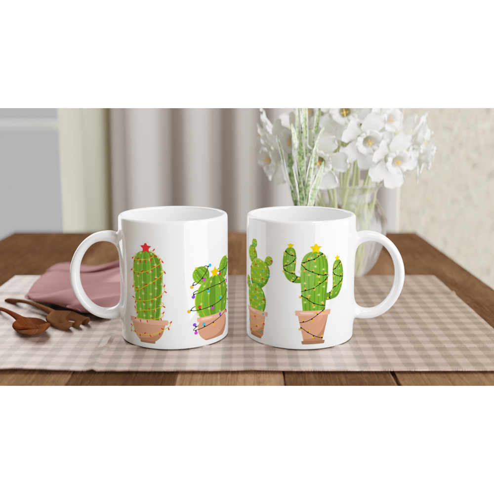 Merry Cactus - White 11oz Ceramic Mug Christmas White Mug Globally Fulfilled