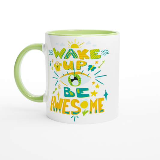 Wake Up And Be Awesome - White 11oz Ceramic Mug with Colour Inside Colour 11oz Mug Globally Fulfilled Motivation