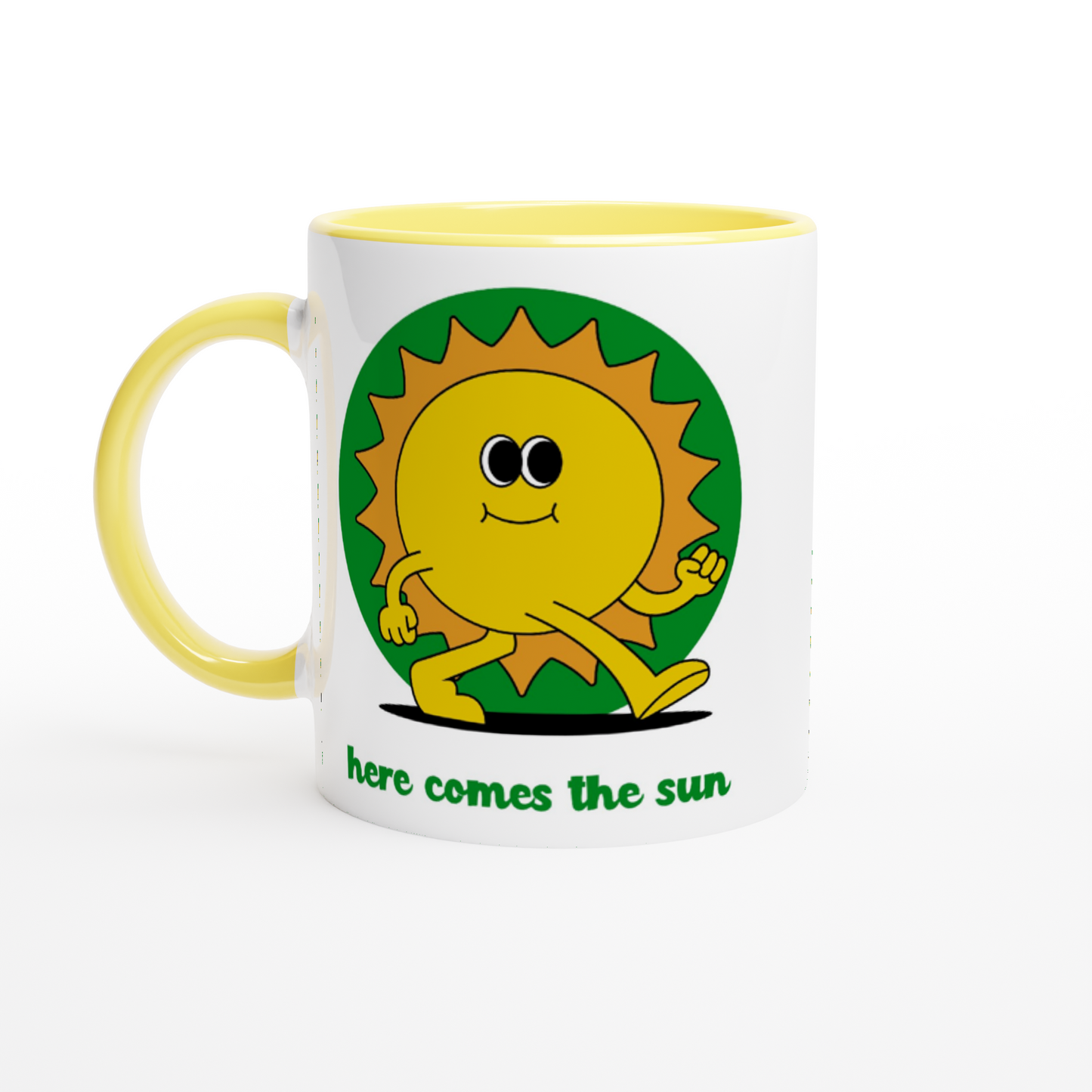 Here Comes The Sun - White 11oz Ceramic Mug with Colour Inside ceramic yellow Colour 11oz Mug Retro Summer