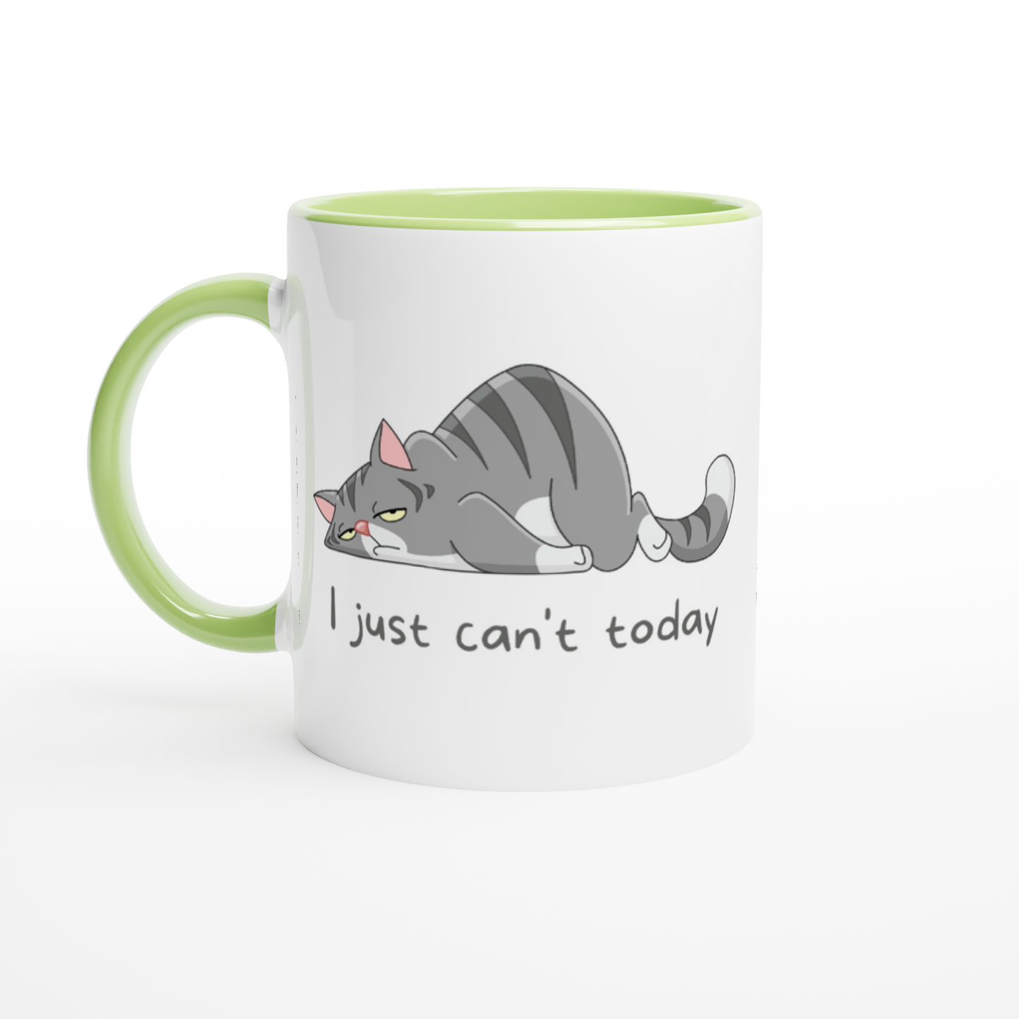 Cat, I Just Can't Today - White 11oz Ceramic Mug with Colour Inside ceramic green Colour 11oz Mug animal