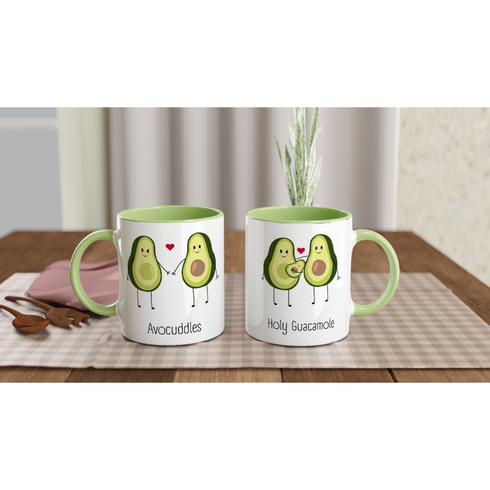 Avocuddles, Holy Guacamole - White 11oz Ceramic Mug with Colour Inside ceramic green Colour 11oz Mug Love