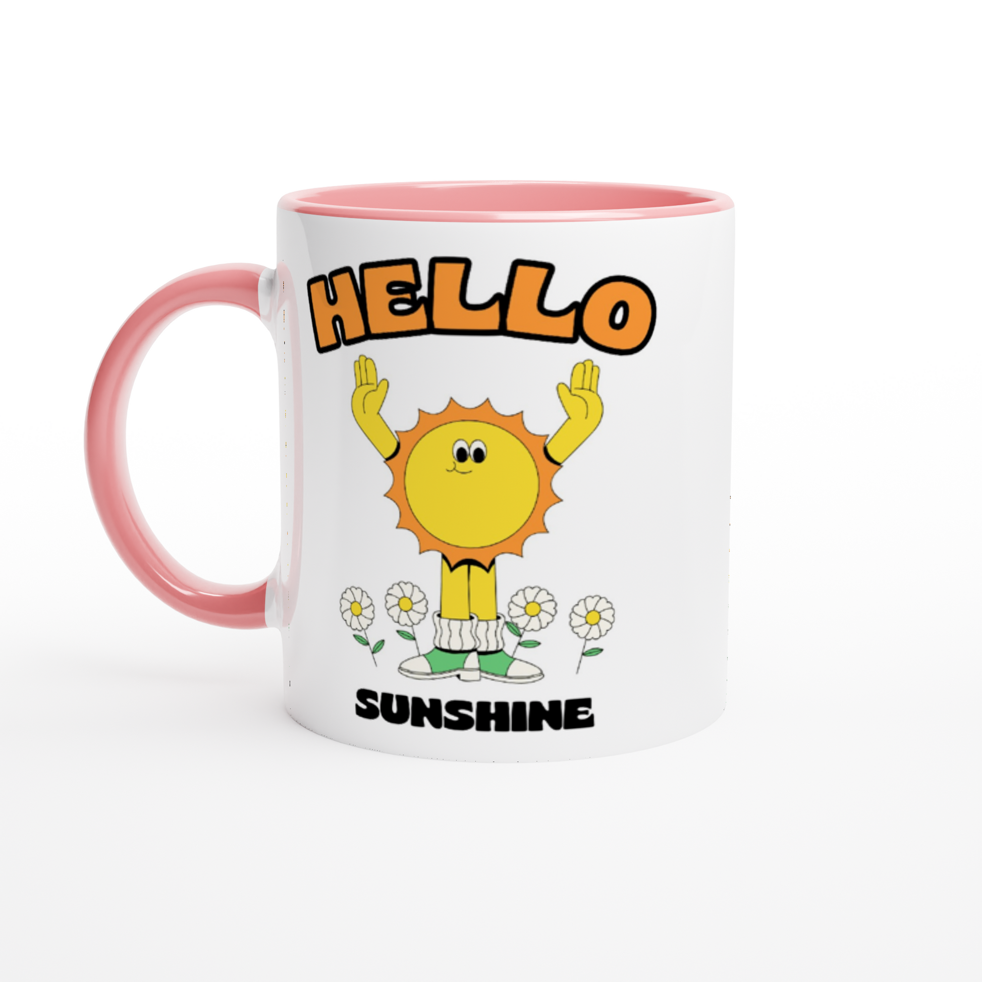 Hello Sunshine - White 11oz Ceramic Mug with Colour Inside ceramic pink Colour 11oz Mug Retro Summer