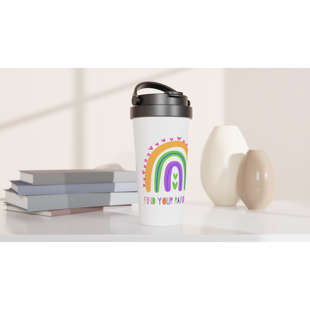 Find Your Rainbow - White 15oz Stainless Steel Travel Mug Travel Mug Motivation