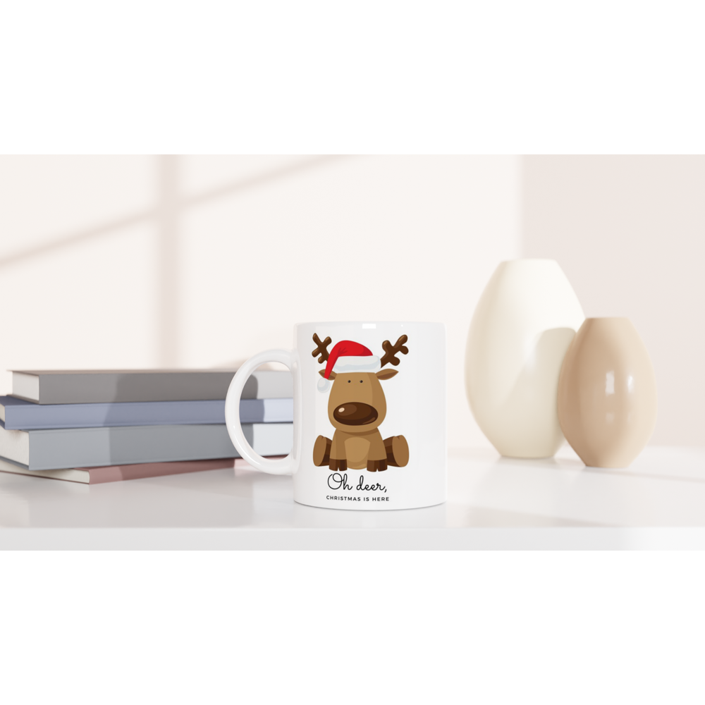 Oh Deer, Christmas Is Here - White 11oz Ceramic Mug Christmas White Mug Globally Fulfilled