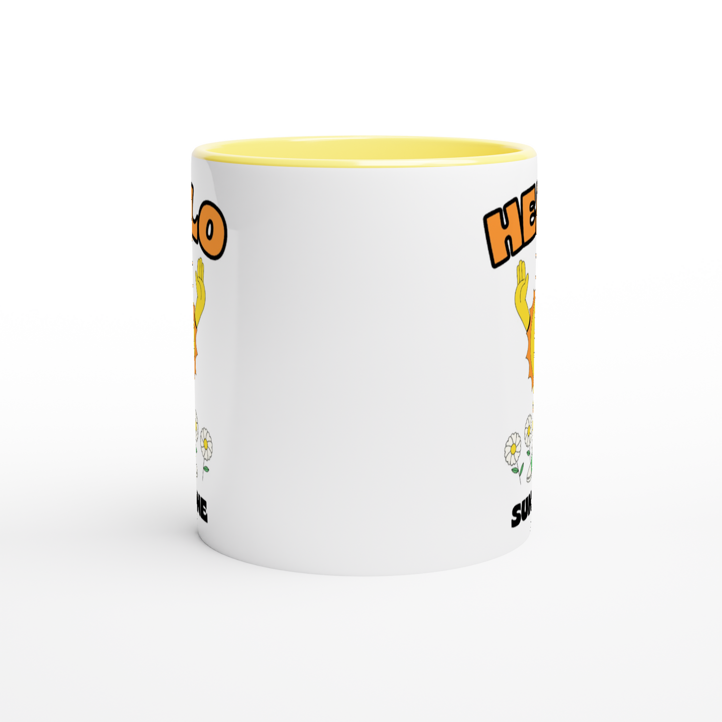 Hello Sunshine - White 11oz Ceramic Mug with Colour Inside Colour 11oz Mug Retro Summer