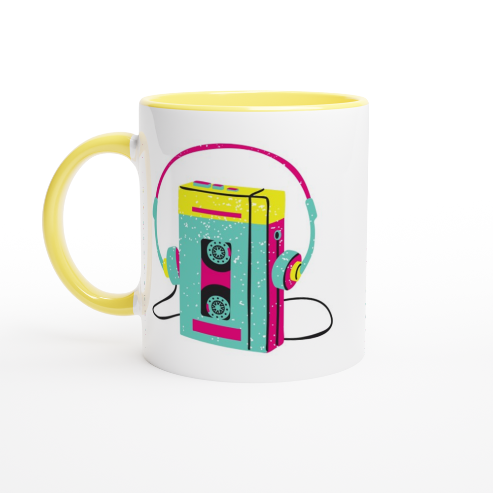 Wired For Sound, Music Player - White 11oz Ceramic Mug with Color Inside ceramic yellow Colour 11oz Mug Music Retro