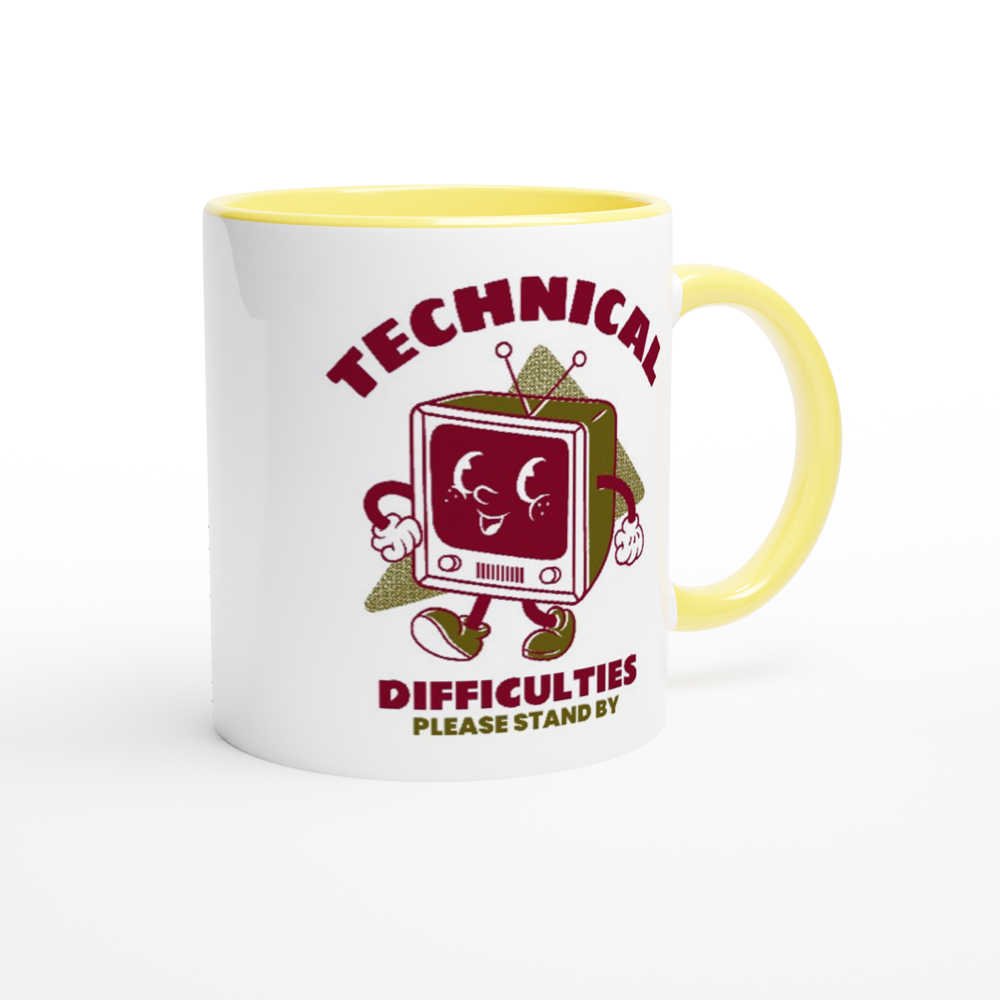 Retro TV, Technical Difficulties - White 11oz Ceramic Mug with Colour Inside Colour 11oz Mug Retro Tech