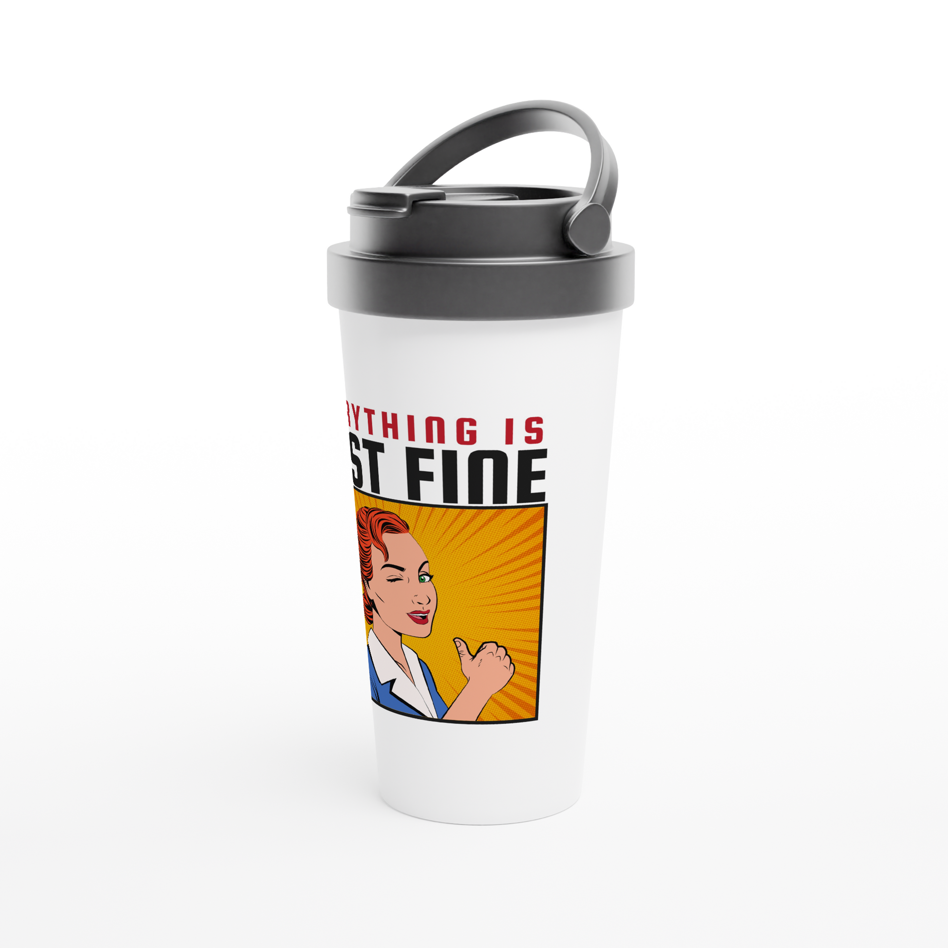 Everything Is Just Fine - White 15oz Stainless Steel Travel Mug Travel Mug comic Globally Fulfilled Retro