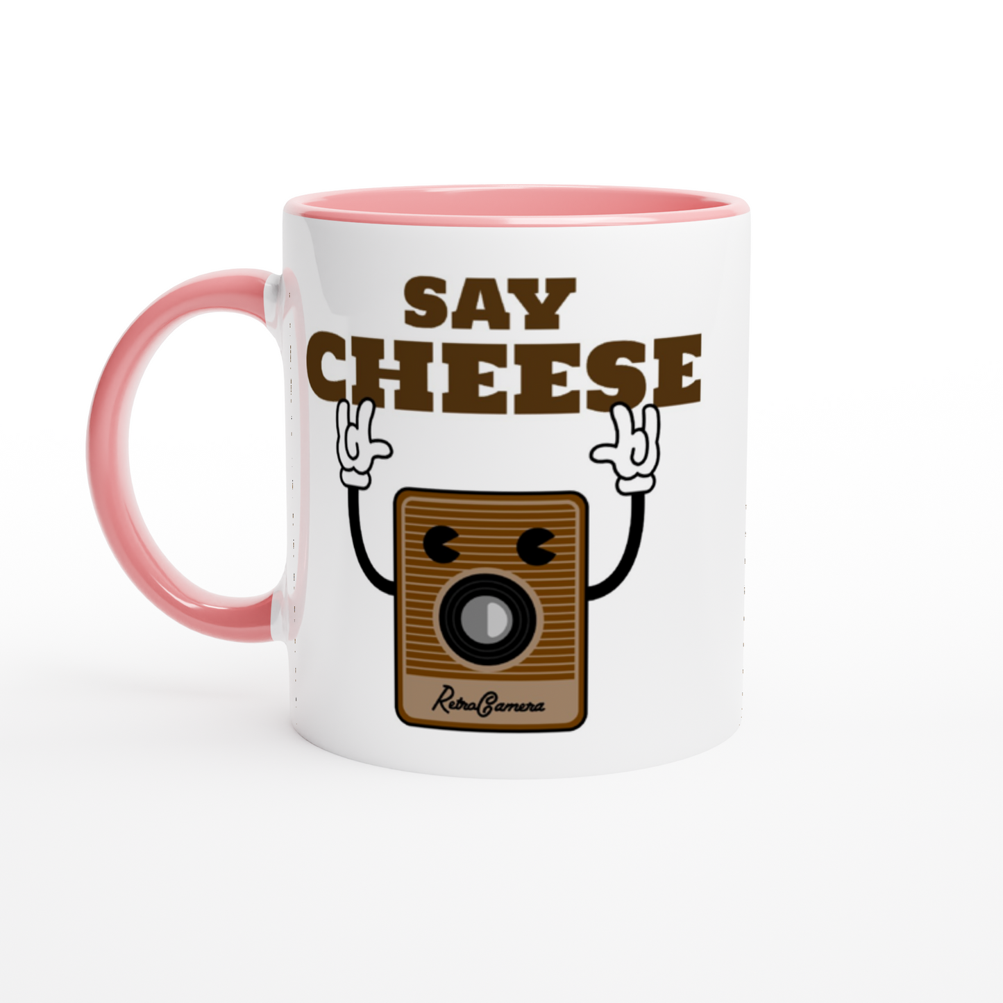 Say Cheese, Retro Camera - White 11oz Ceramic Mug with Colour Inside ceramic pink Colour 11oz Mug Retro Tech