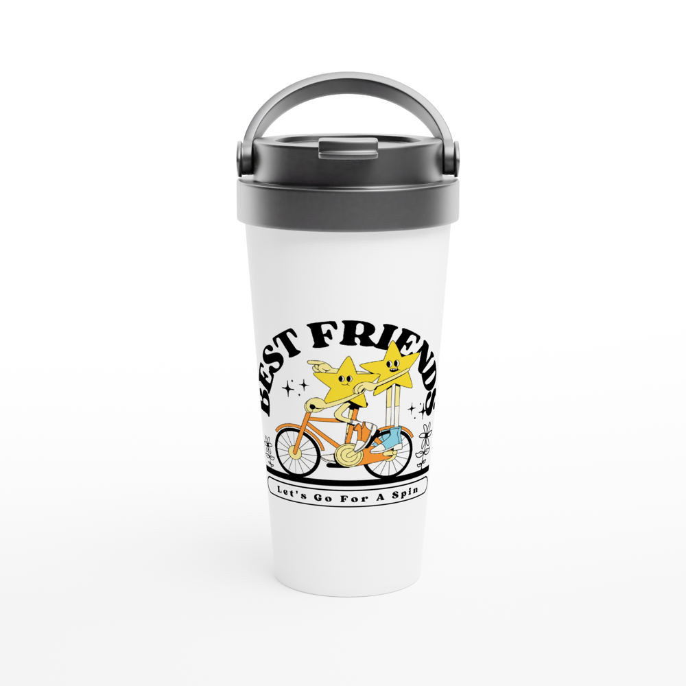 Best Friends - White 15oz Stainless Steel Travel Mug Travel Mug Globally Fulfilled Retro