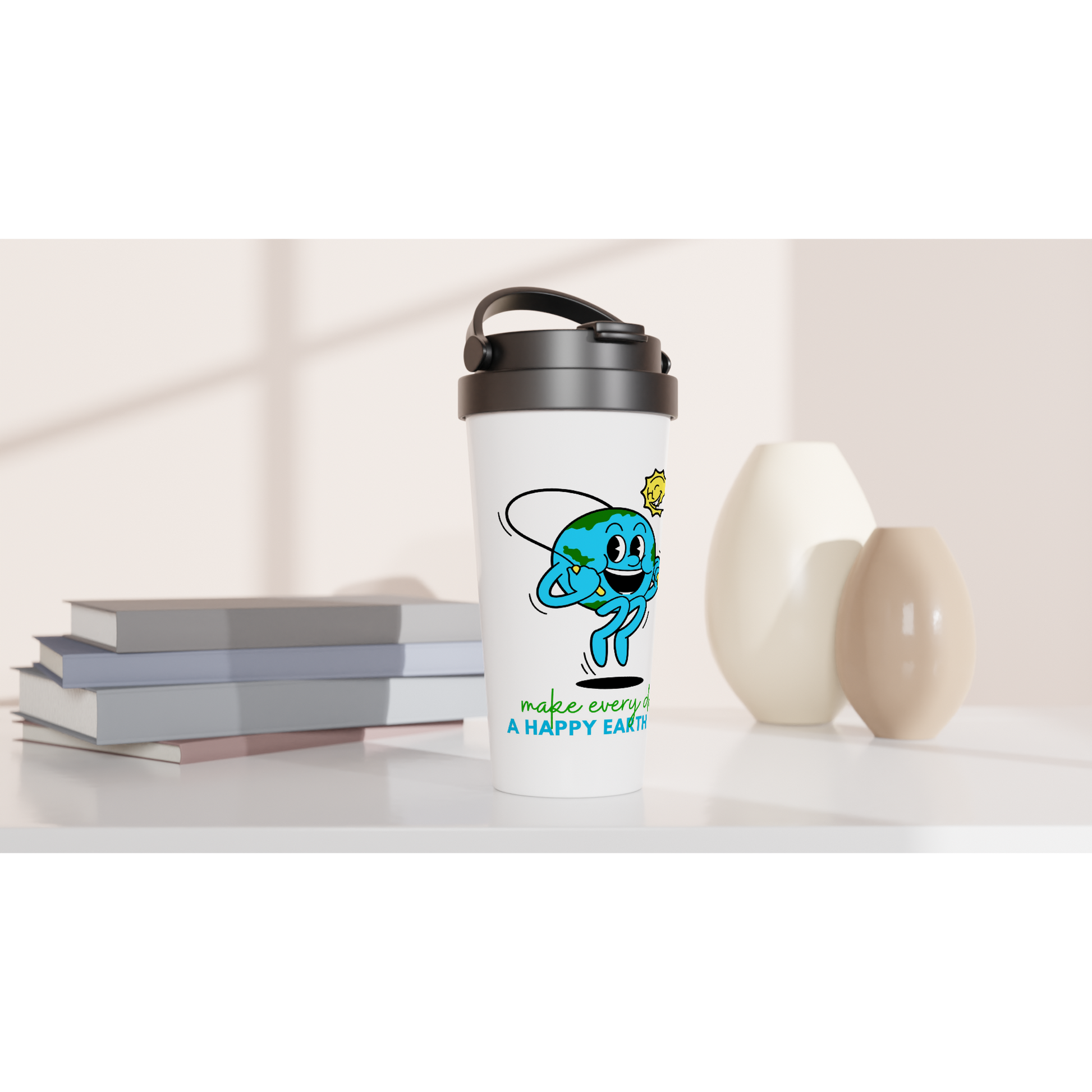 Make Every Day A Happy Earth Day - White 15oz Stainless Steel Travel Mug Travel Mug Environment Globally Fulfilled