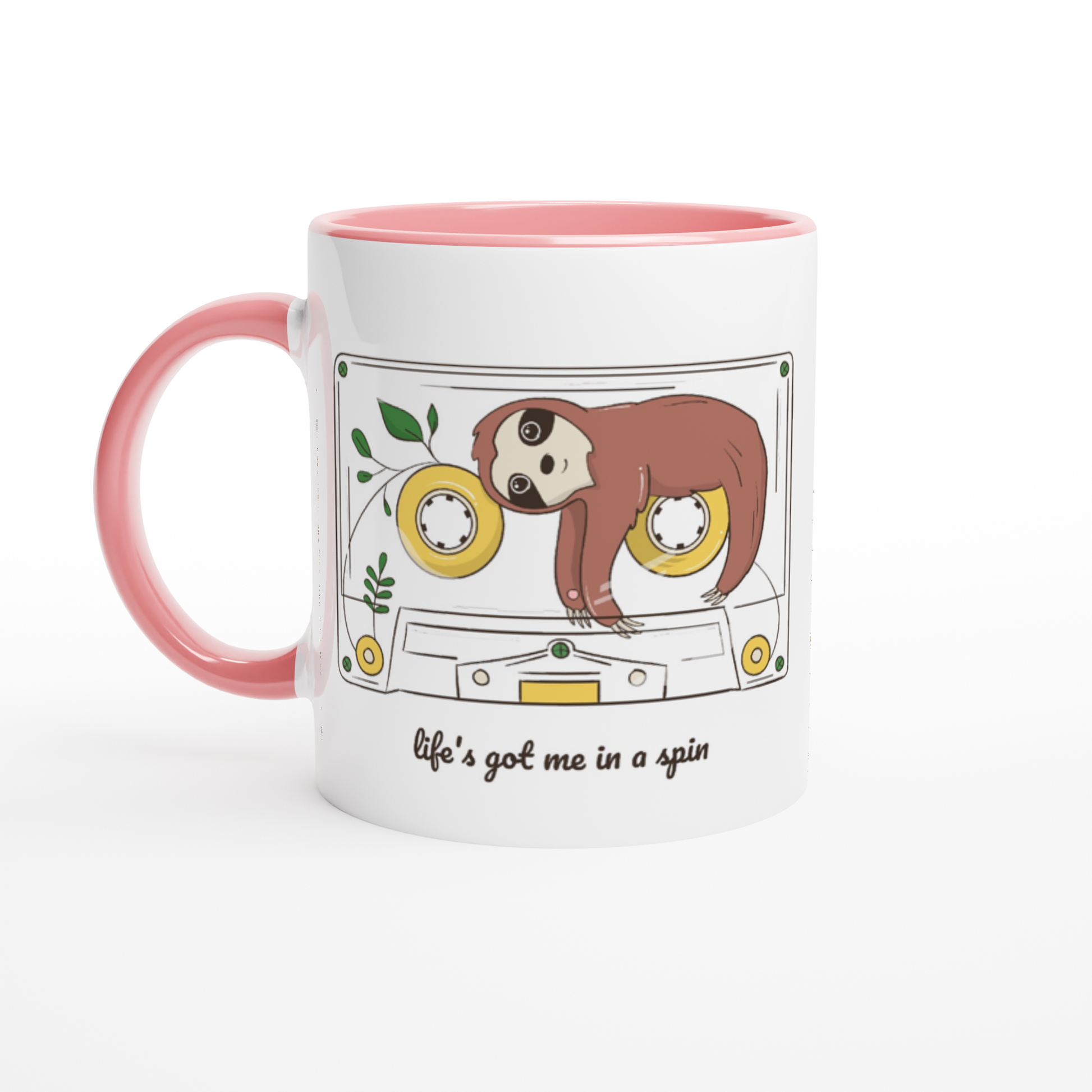 Cassette, Life's Got Me In A Spin - White 11oz Ceramic Mug with Colour Inside ceramic pink Colour 11oz Mug animal Music Retro