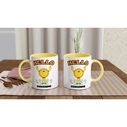 Hello Sunshine - White 11oz Ceramic Mug with Colour Inside Colour 11oz Mug Retro Summer