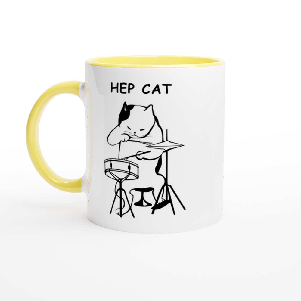 Hep Cat - White 11oz Ceramic Mug with Colour Inside ceramic yellow Colour 11oz Mug animal Music
