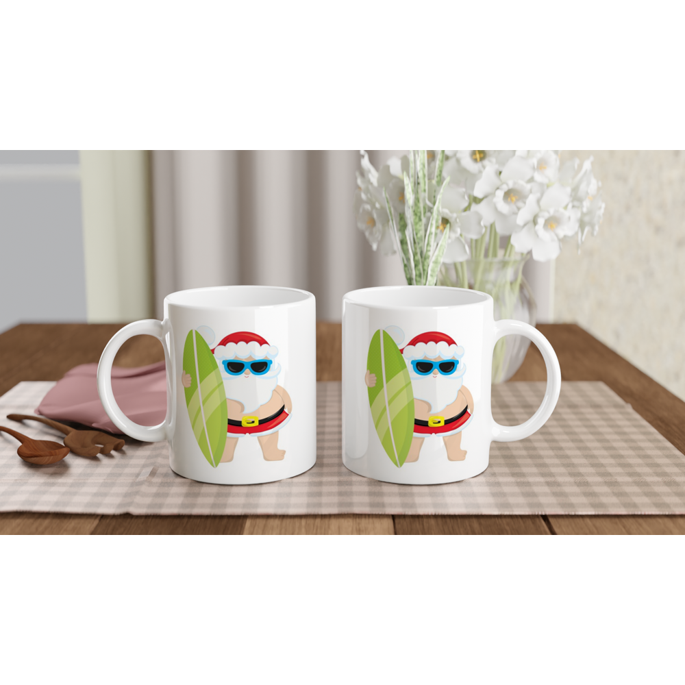 Surf Santa - White 11oz Ceramic Mug Christmas White Mug Globally Fulfilled