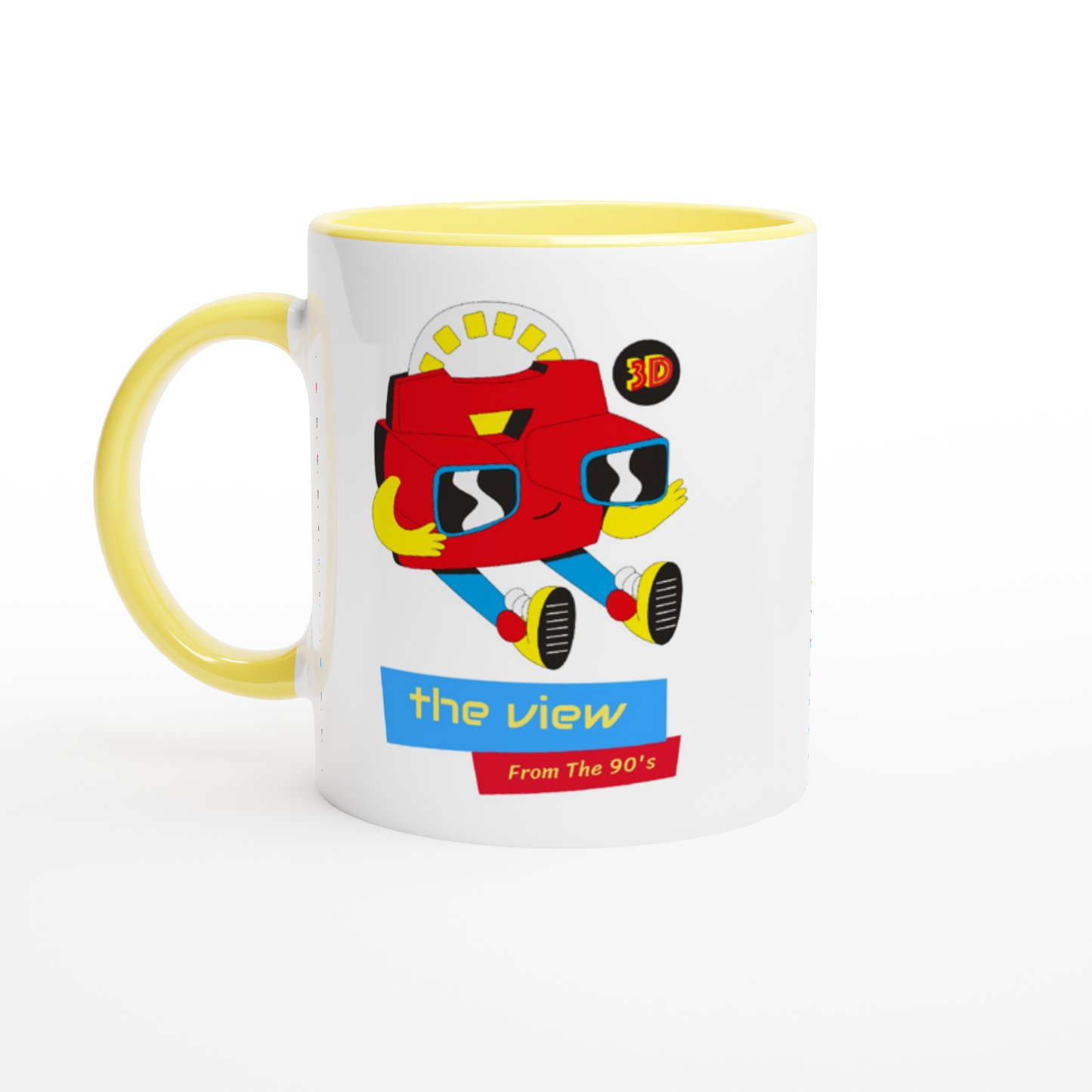 The View From The 90's - White 11oz Ceramic Mug with Colour Inside ceramic yellow Colour 11oz Mug Globally Fulfilled Retro